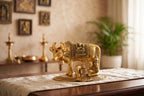 KridayKraft Kamdhenu Cow with Calf & Bal Gopal Krishna Idol, 19 cm Metal Gau MATA Statue for Home Mandir, Pooja Room, Vastu & Religious Gifting, Antique Gold Finish, 910 g