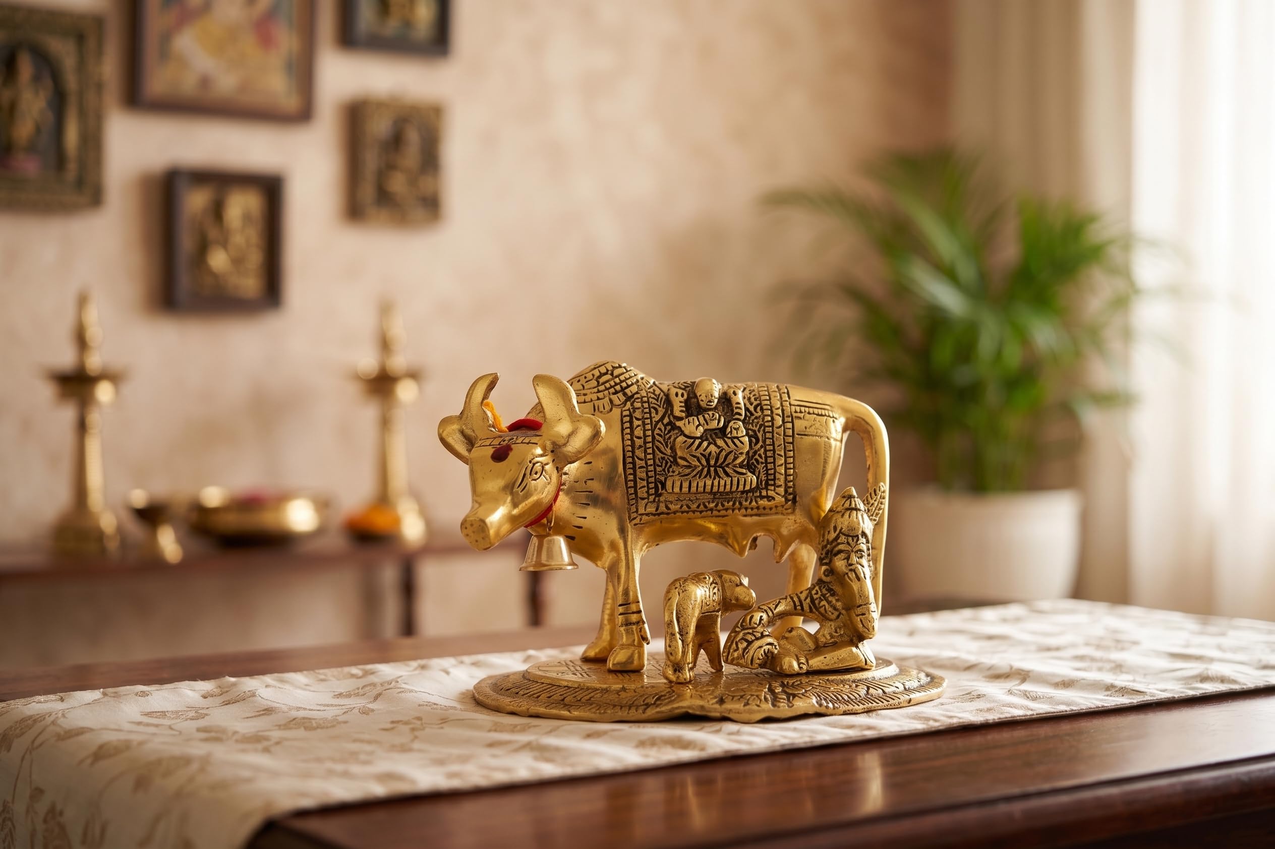 KridayKraft Kamdhenu Cow with Calf & Bal Gopal Krishna Idol, 19 cm Metal Gau MATA Statue for Home Mandir, Pooja Room, Vastu & Religious Gifting, Antique Gold Finish, 910 g