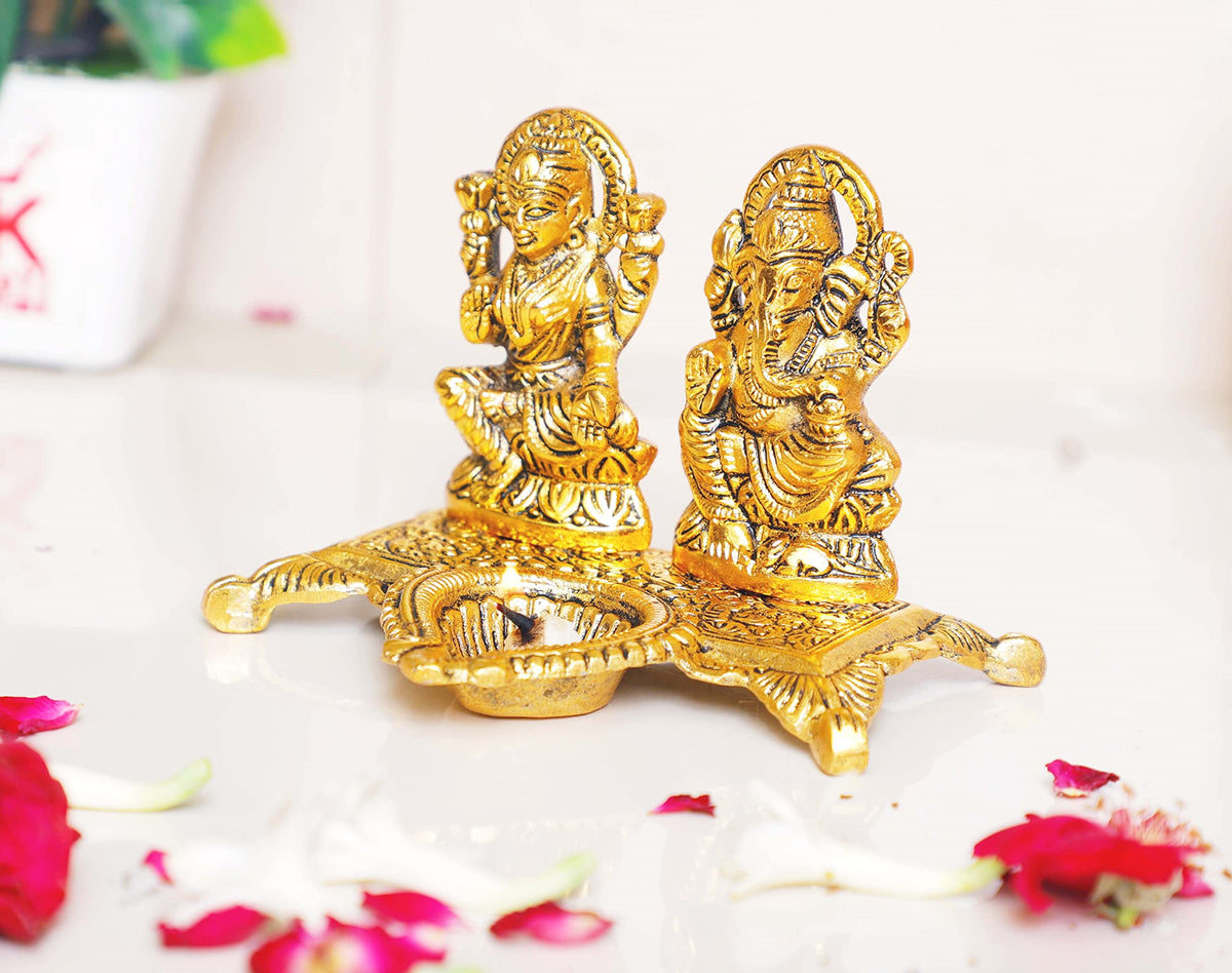 KridayKraft White Metal Gold Plated Diwali Laxmi Ganesh Chocki God Idol with Metal om Shape Incense Stick Holder