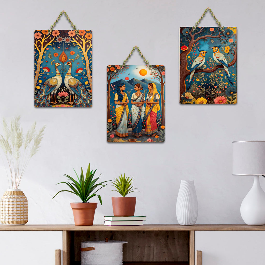 Artvibes Traditional Indian Artwork Decorative Wall Art MDF Wooden Wall Hanger for Home | Handcrafted Art | Festive Decor | Wall Poster | Paintings For Wall | Unique Gift (WH_96112N), Set of 3
