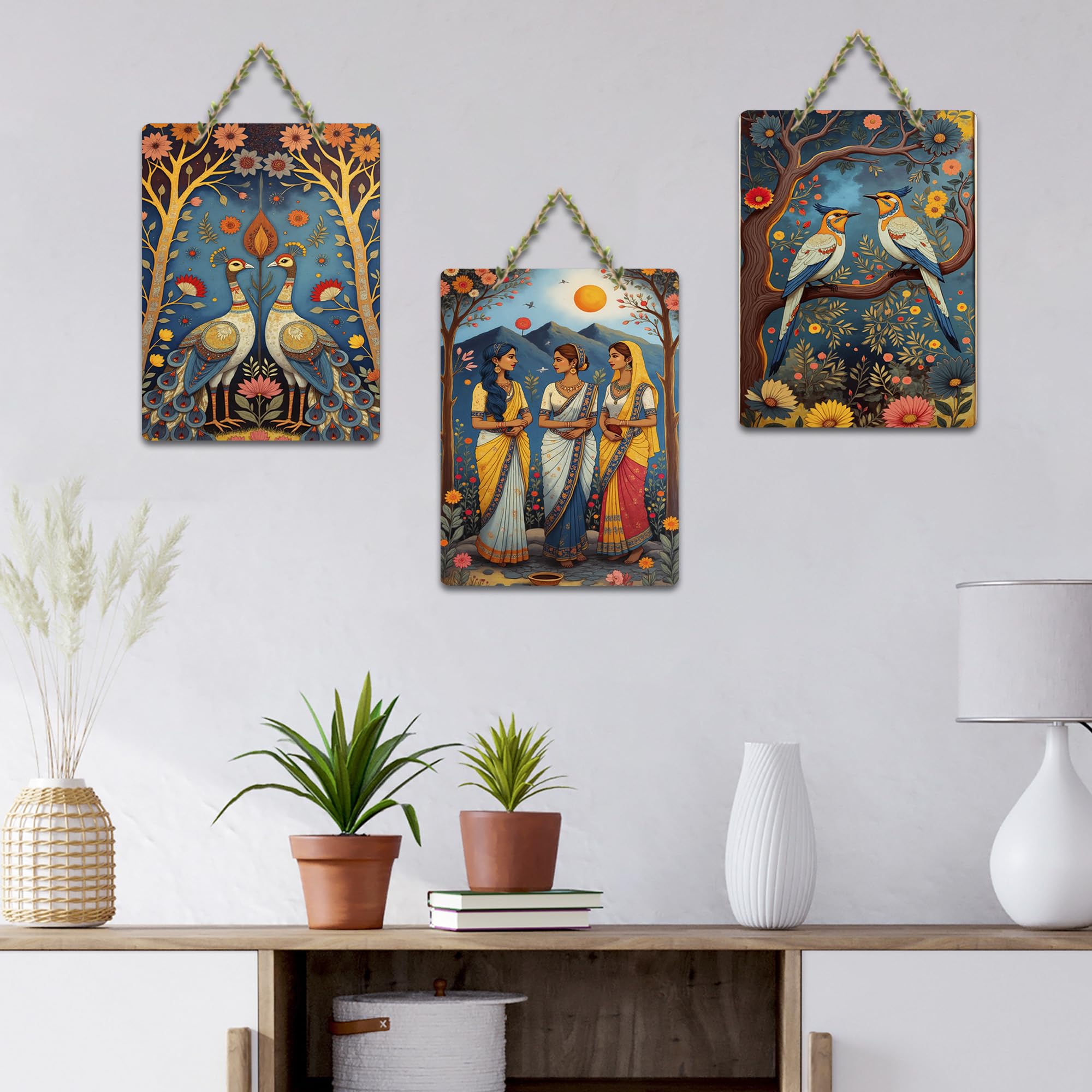 Artvibes Traditional Indian Artwork Decorative Wall Art MDF Wooden Wall Hanger for Home | Handcrafted Art | Festive Decor | Wall Poster | Paintings For Wall | Unique Gift (WH_96112N), Set of 3