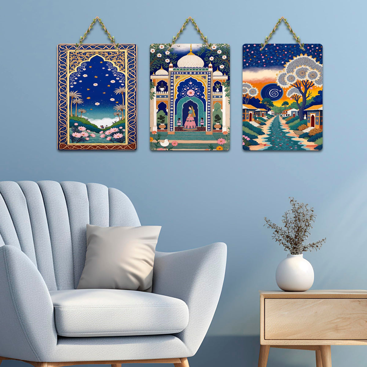 Artvibes Royal Palace Lotus Garden & Starry Night Village Scene Decorative Wall Art MDF Wooden Wall Hanger for Living Room | Home Decor | Wall Accent | Wall Poster | Ideal Gifts (WH_9657N), Set of 3
