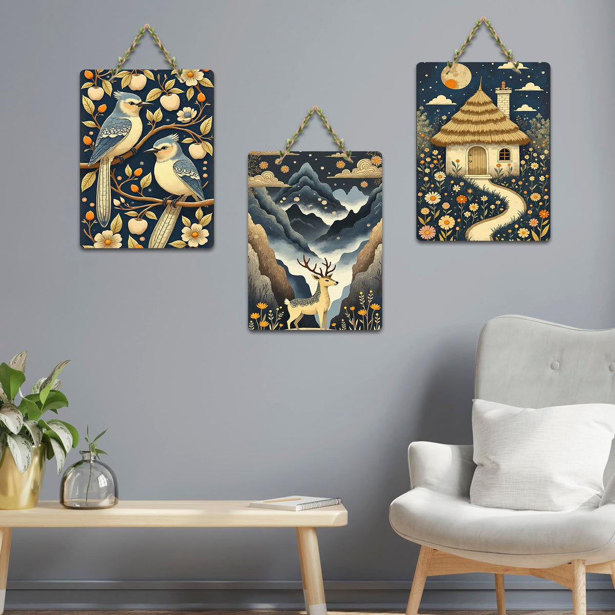 Artvibes Nature Theme Decoration Wooden Wall Hanger for Home Decor | Living Room | Office | Wall Art Painting For Hall | Graphic Artwork | Wall Art Print | Unique Gift Items (WH_96111N), Set of 3