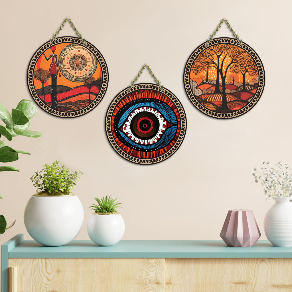 Artvibes Scenic Warli Art Round Shape MDF Wooden Wall Decor Items | Living Room | Office | Handcrafted Art | Wall Illustrations | Art Prints | Aesthetic Wall Art | Ideal Gifts (WH_9902N), Set of 3