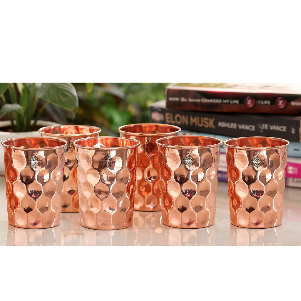 INDIAN ART VILLA Pure Copper Plain Glass with Diamond Hammered Design, Drinking Serving Water, Yoga Ayurveda, Volume-300 ml, Pack of 6