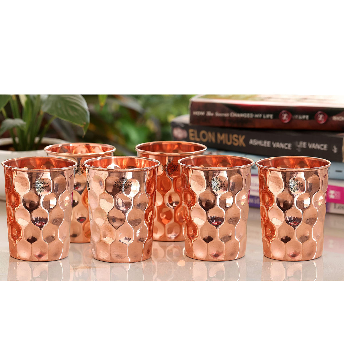 INDIAN ART VILLA Pure Copper Plain Glass with Diamond Hammered Design, Drinking Serving Water, Yoga Ayurveda, Volume-300 ml, Pack of 6