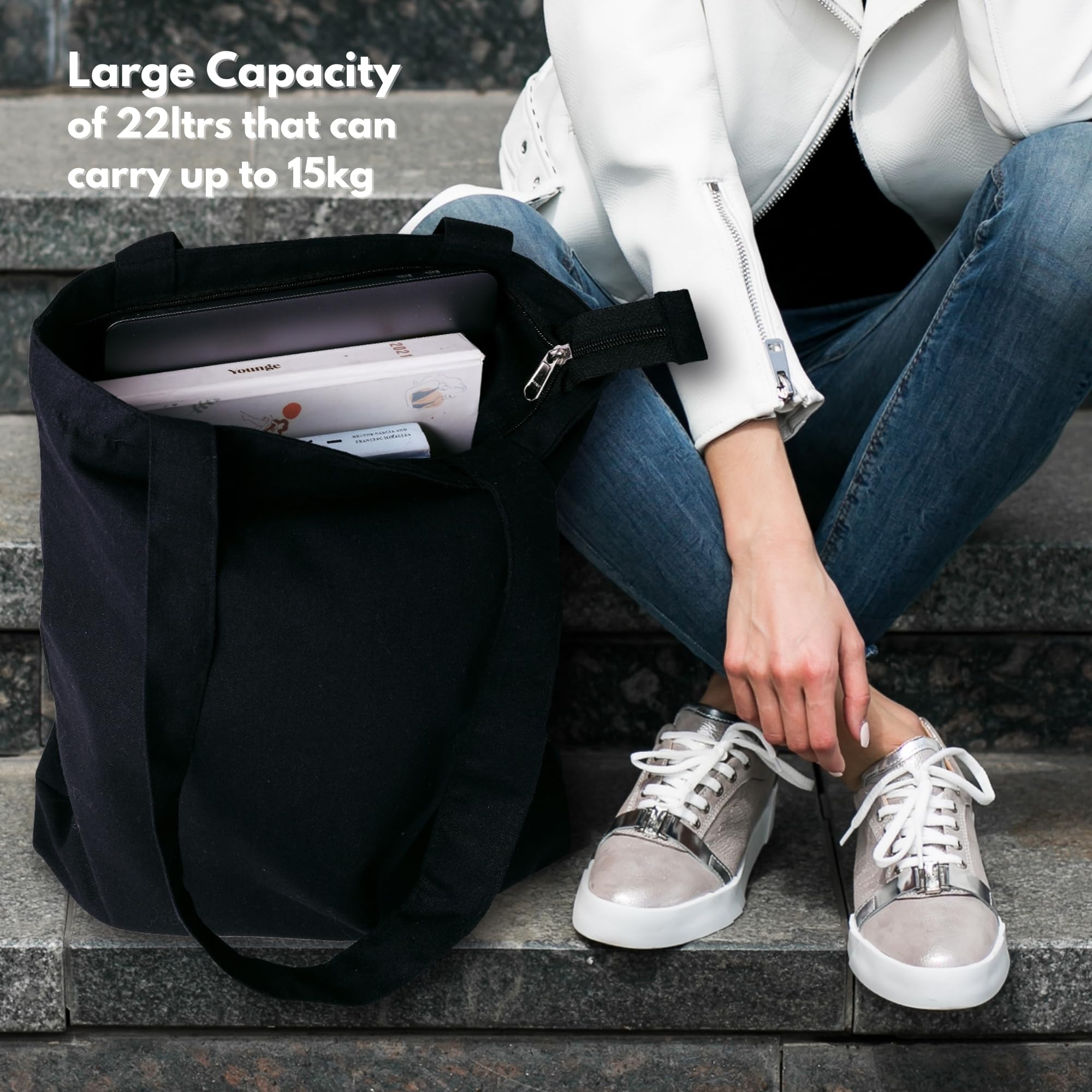 DOODLE Unisex Eco-Friendly Reusable Cotton Canvas Tote Bag | Inner & Outer Zip Pockets | Ideal for Travel, Shopping, College & Office Use | Good Stuff