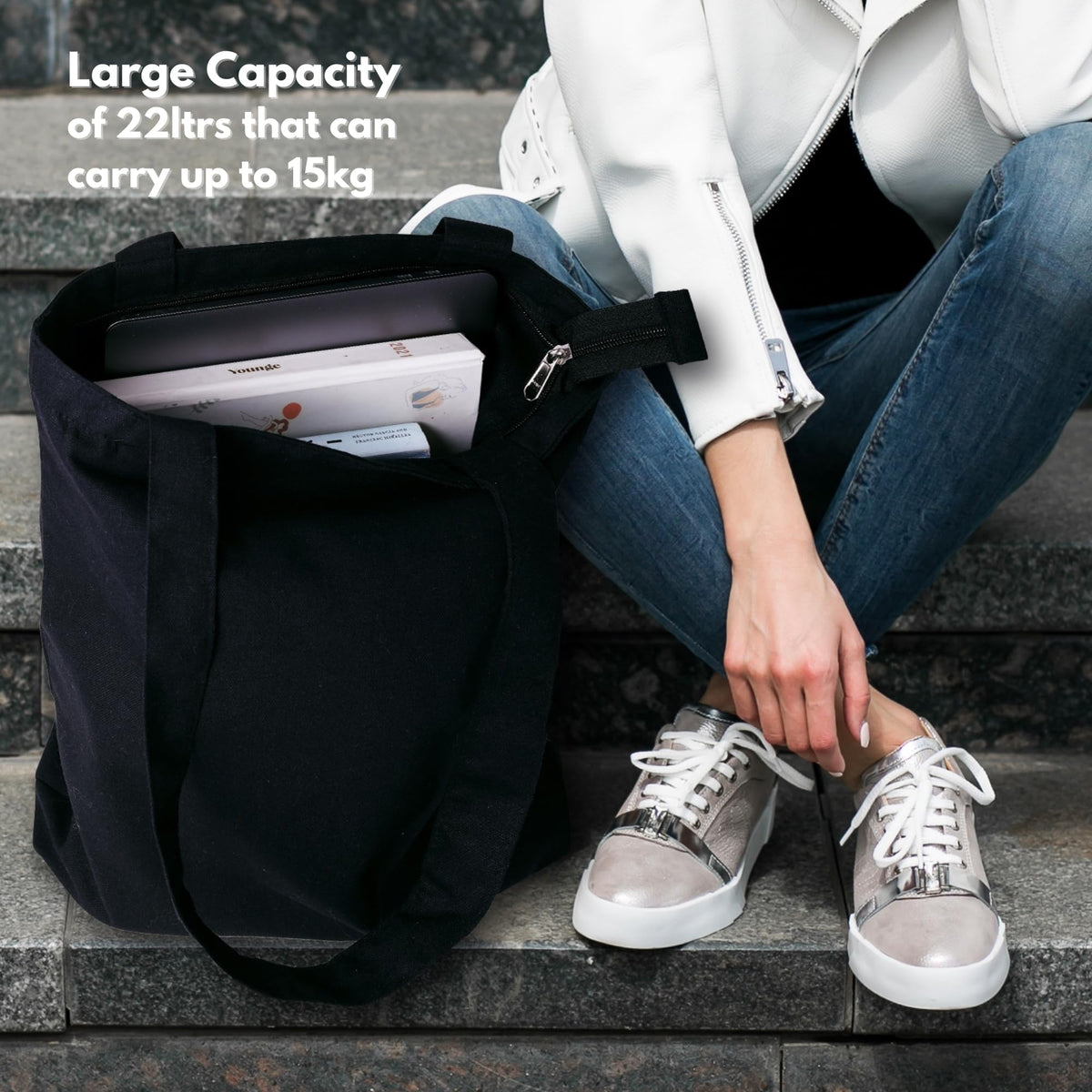 DOODLE Unisex Eco-Friendly Reusable Cotton Canvas Tote Bag | Inner & Outer Zip Pockets | Ideal for Travel, Shopping, College & Office Use | Three Essentials