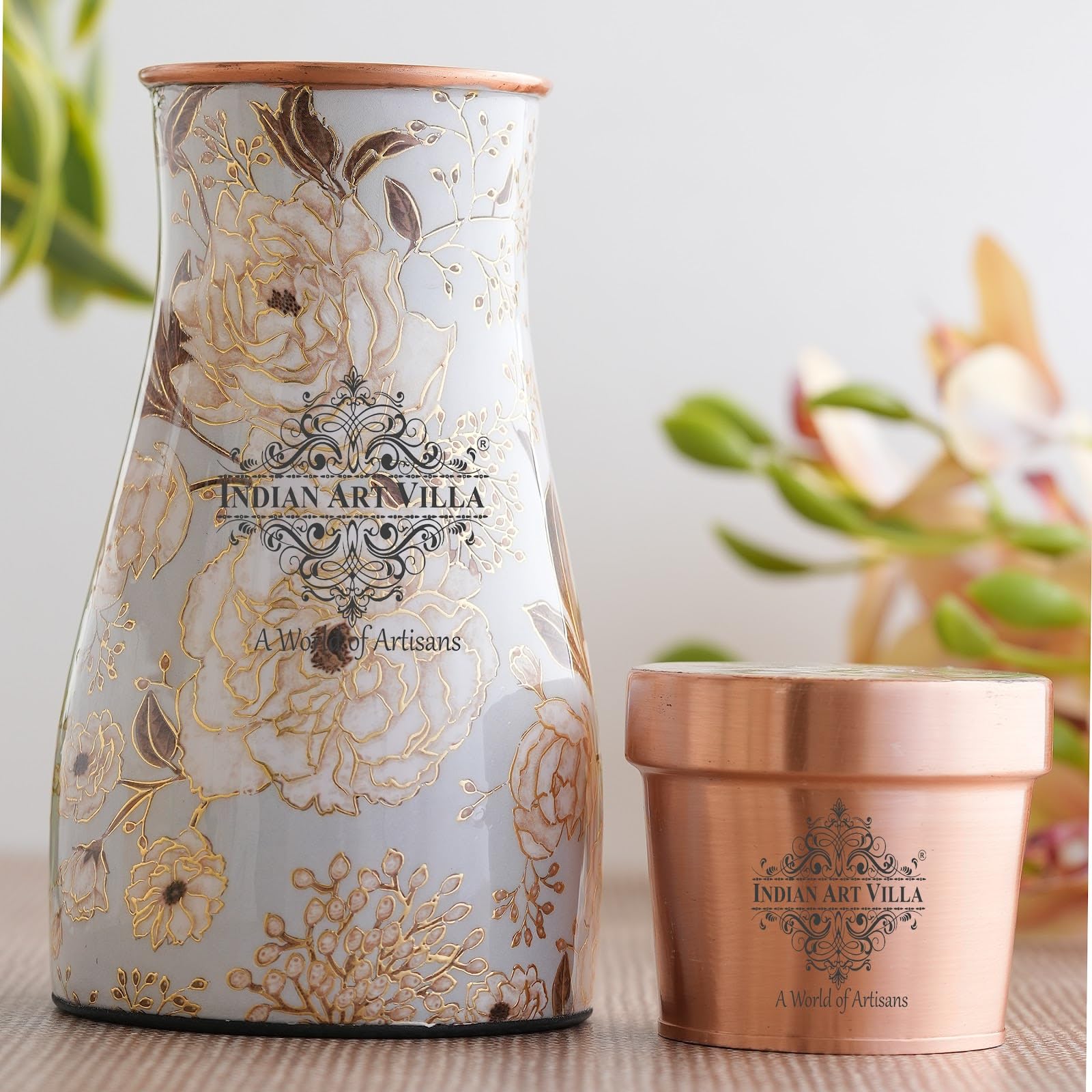 INDIAN ART VILLA Gold Flower Print Copper Water Bedroom Bottle, Designer Copper Drinkware, Volume- 950 ML