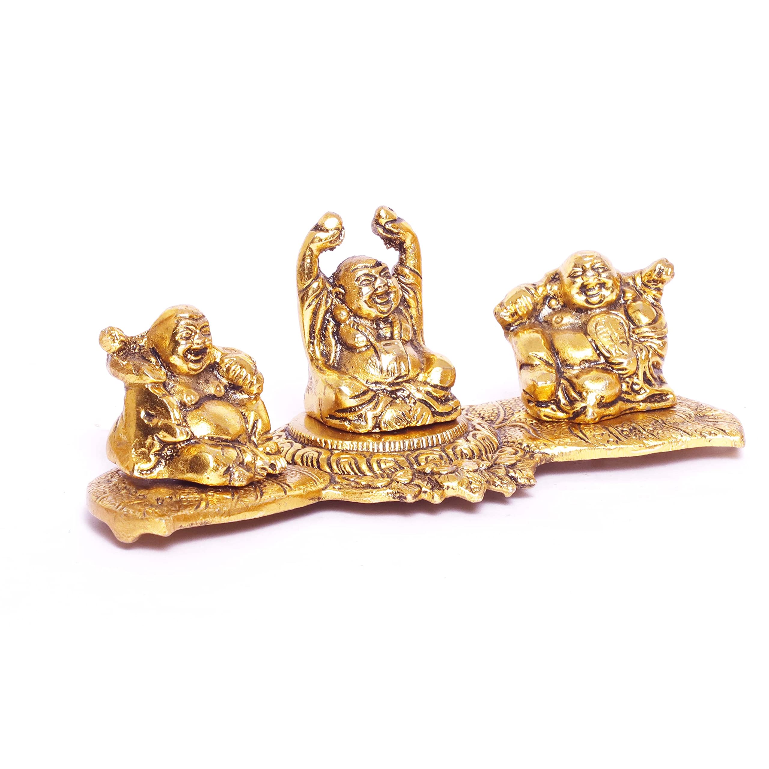 Prince Home Decor & Gifts Metal Handicrafts Antique Gold Plated Laughing Buddha in 3 Postures, Standard