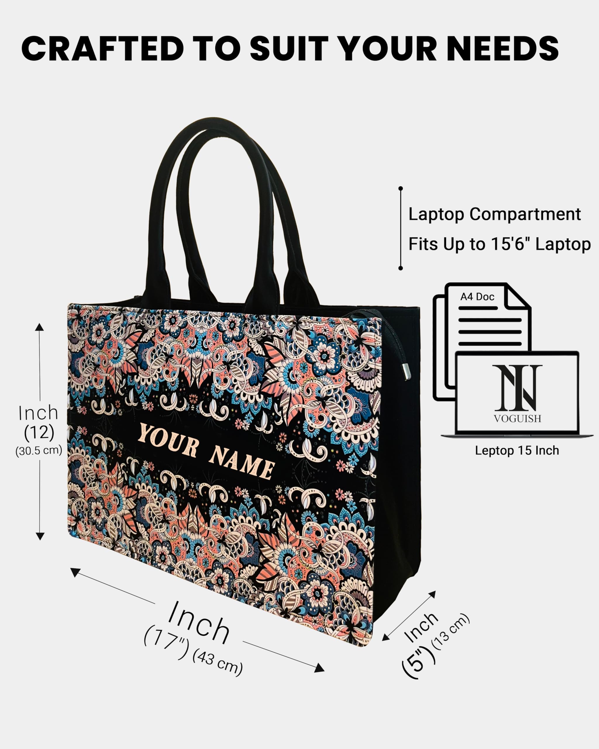 Customized Voguish Designer tote Bag for women's– Spacious, Stylish & Lightweight | Luxurious Tote bag for Office & Travel, Size - 17 x 12 x 5,Light Weight (600g), gift for her