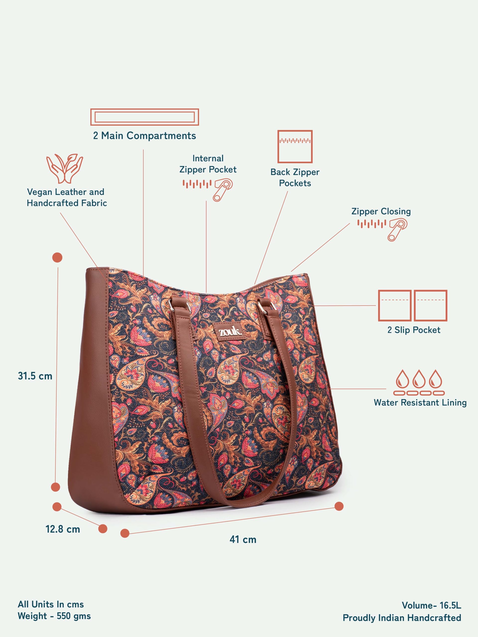 ZOUK Paisley Print Getaway Handbag | Jute | Vegan Leather Handcrafted Tote Bag | Pink