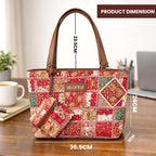 Storite Women’s Ethnic Patchwork Tote Bag with Leather Handles | Handmade Boho Shoulder Bag with Detachable Pouch Designer Bag for Women | Stylish Boho Tote with Leather Finish