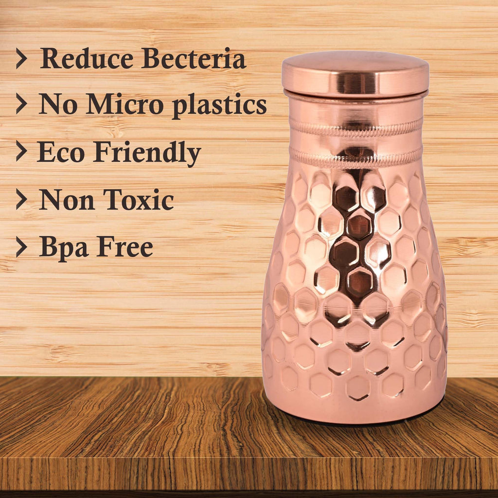 Tambra Copper Bedroom Jar with Inbuilt Glass | Diamond Design | Handcrafted, Leakproof, Jointless | Ayurvedic Benefits, Antioxidant Properties | 1200 ml (Pack of 2)