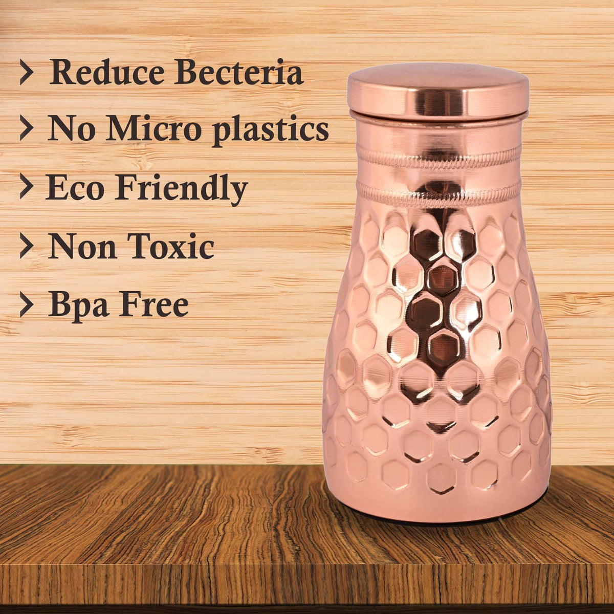 Tambra Copper Bedroom Jar with Inbuilt Glass | Diamond Design | Handcrafted, Leakproof, Jointless | Ayurvedic Benefits, Antioxidant Properties | 1200 ml (Pack of 2)