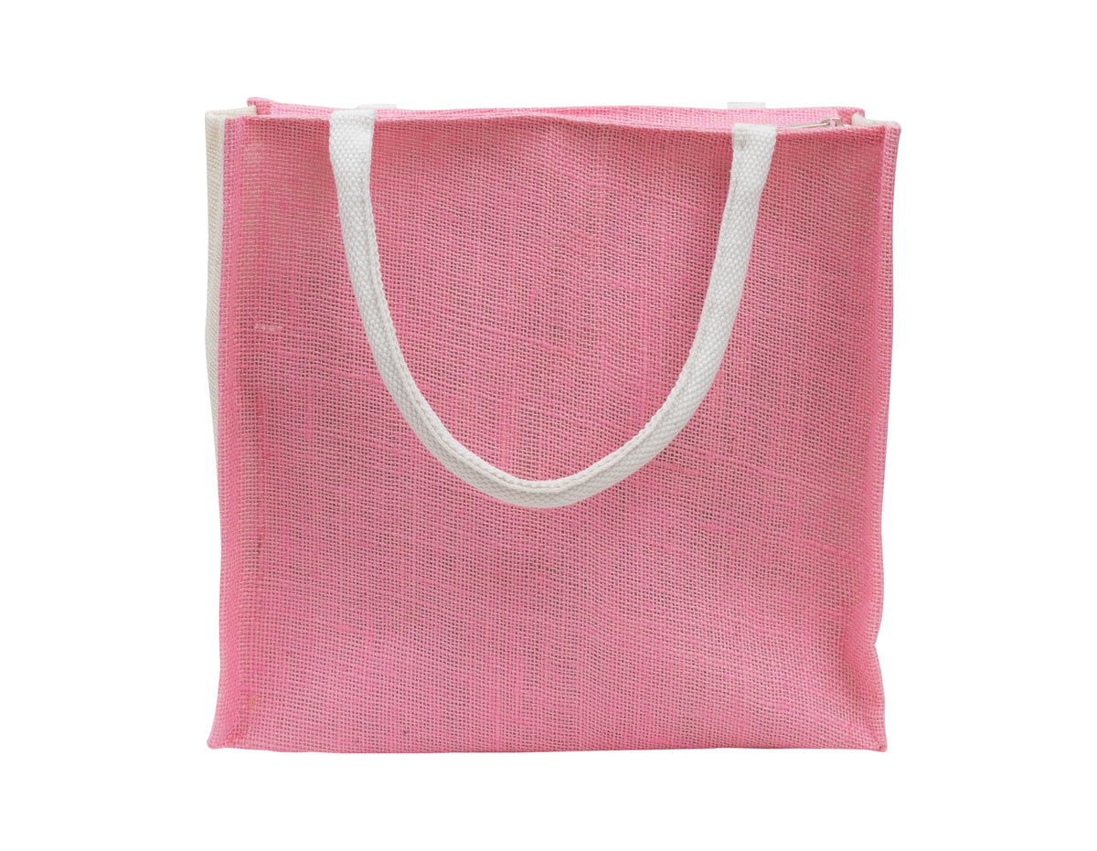 JUTEKA Multicolor Jute Bag for Shopping, Lunch, Tiffin, Grocery with Zip Closure and Padded Cotton Handles… (Pink)