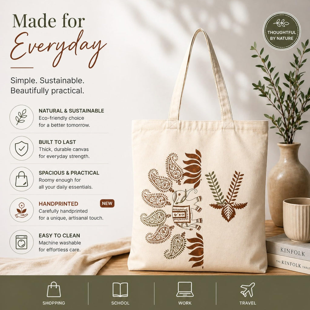Neelkanth Imprint Eco-Friendly Hand Block Printed Paisley & Floral Cotton Canvas Tote Bag, Reusable Shopping & Daily Use Shoulder Handbag