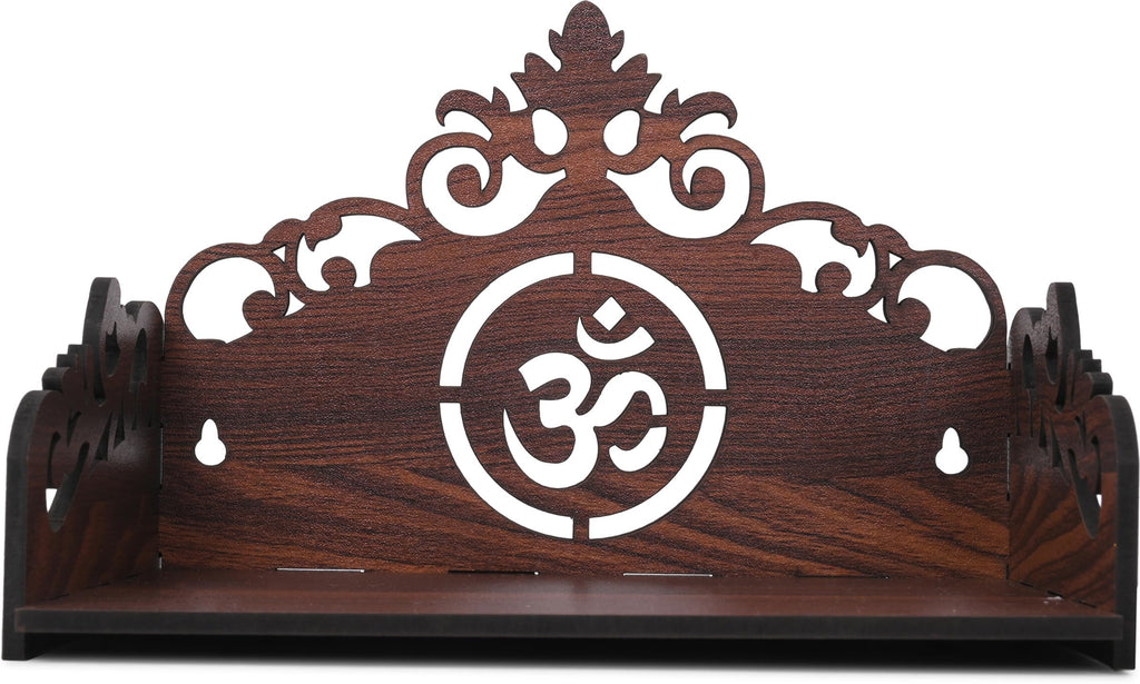 GOJEEVA KRAFT Engineered Wood Hand Crafted Carved Pattern Home Temple for Idols Temple for Home and Office I Premium Om Engraved | Set Top Box Stand I Wooden Mandir (Pack of 1) (Medium)
