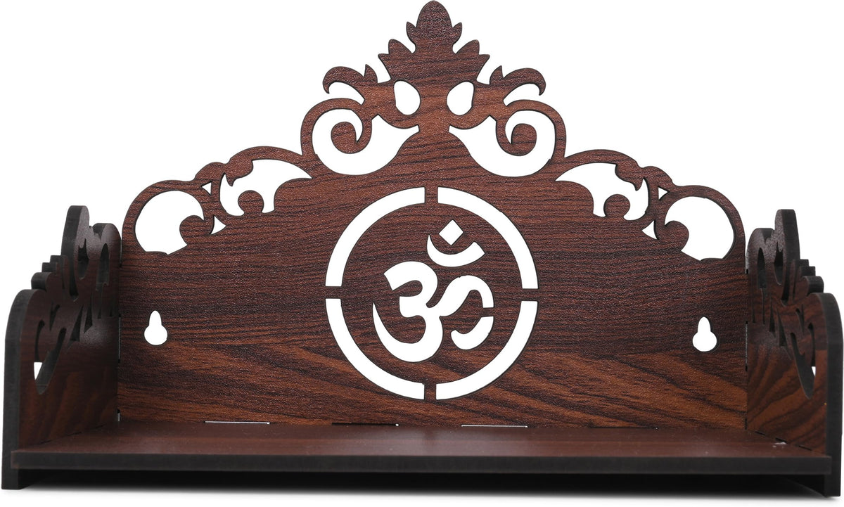GOJEEVA KRAFT Engineered Wood Hand Crafted Carved Pattern Home Temple for Idols Temple for Home and Office I Premium Om Engraved | Set Top Box Stand I Wooden Mandir (Pack of 1) (Medium)