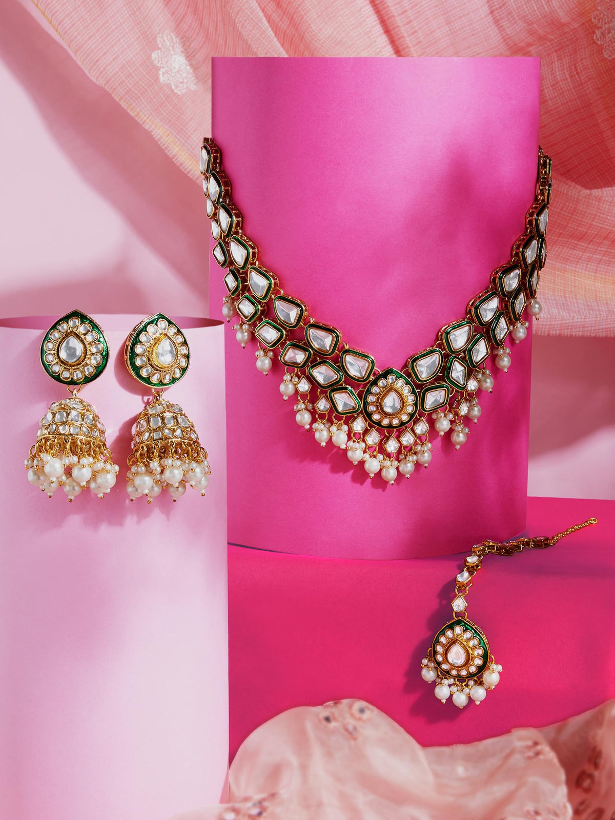 ZAVERI PEARLS Green Meenakari Dazzling Stones Beads Bridal Necklace Earring & Maangtikka Set For Women-ZPFK18886