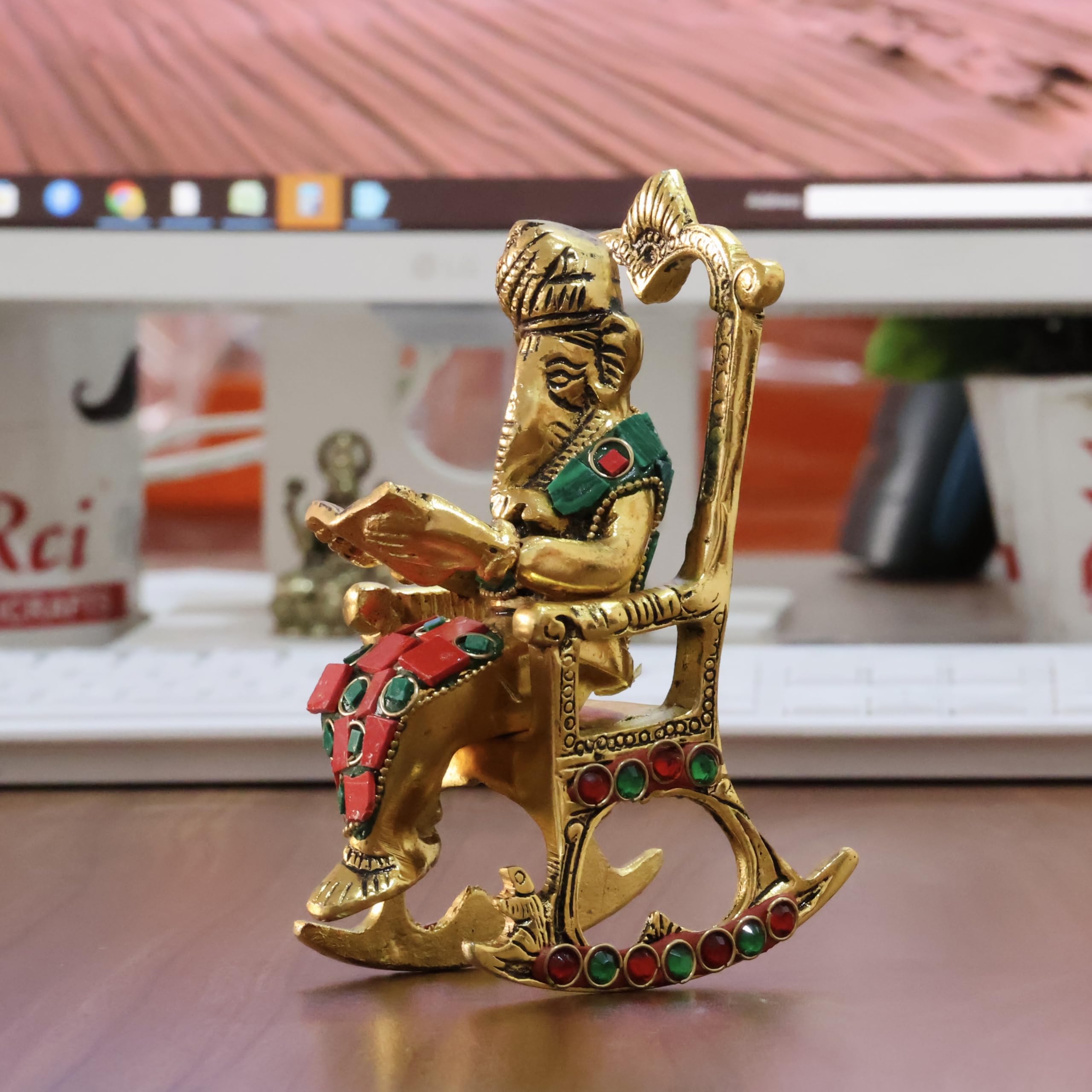 KridayKraft Chair Ganesha ji Reading Book with Stone Work,Ganesha Metal Statue,Ganpati Murti Idol for Pooja & Home,Office Décor Ganesh Idol Religious Showpiece for Decoration & Gifting Article