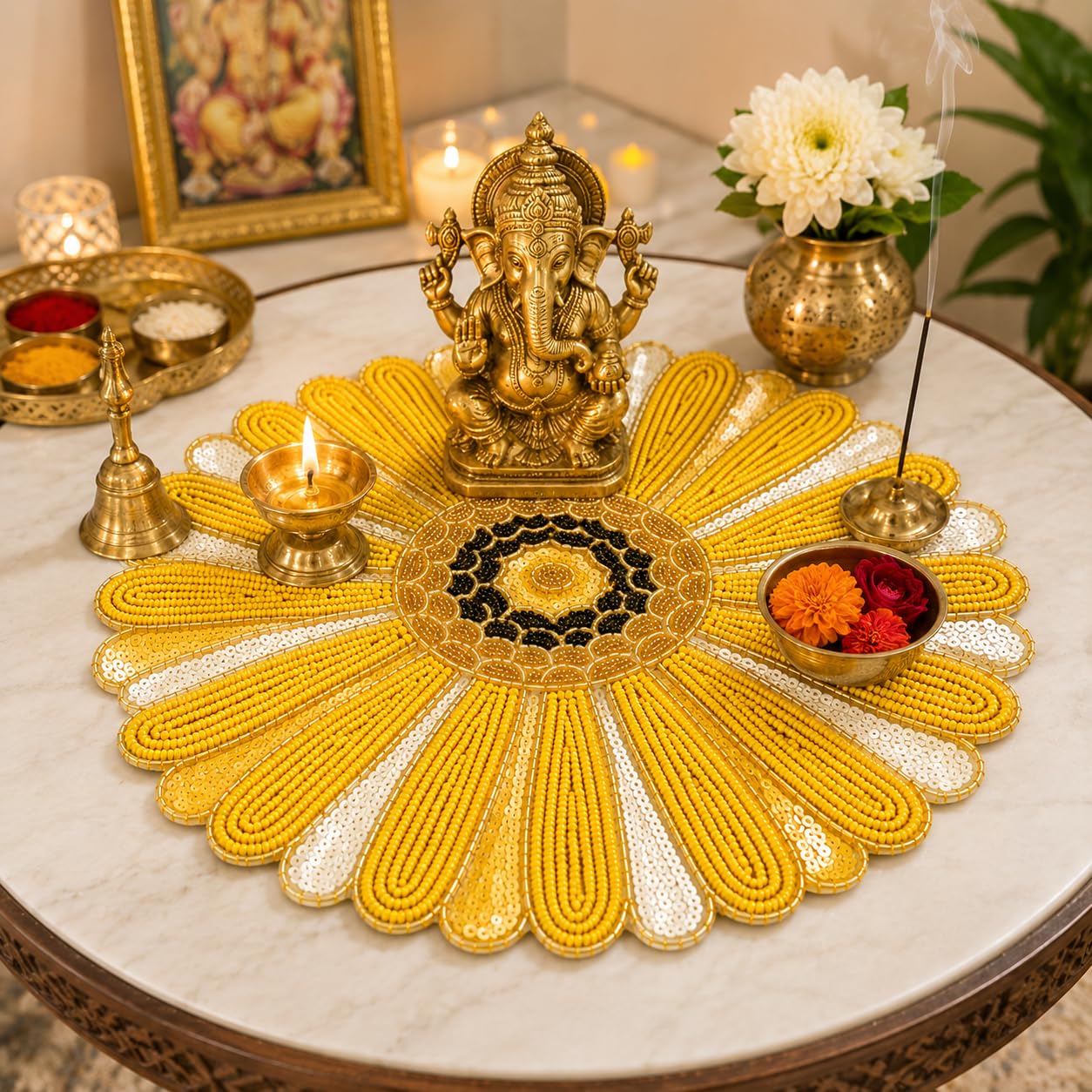 MFU - Made For You Round Beaded Table Placemat 14 Inches | Handmade Decorative Dining Mat | Charger Plate for Dining Table, Wedding, Party & Festive Decoration (Pack of 1) Kafalo