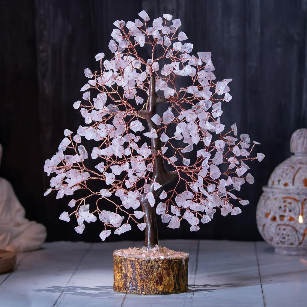 JINALI GEMS Crystal Tree for Positive Energy - Feng Shui Seven Chakra Tree of Life Decor - Home Decorations for Living Room, 200 Beads, 8-10 (Rose Quartz (Copper Wire))