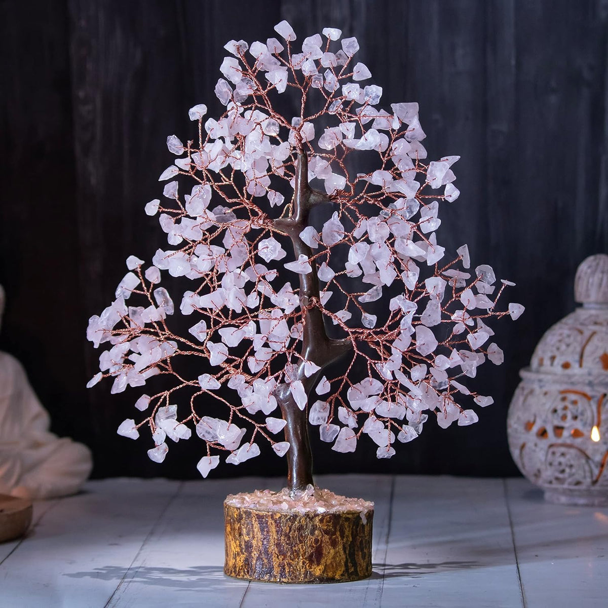 JINALI GEMS Crystal Tree for Positive Energy - Feng Shui Seven Chakra Tree of Life Decor - Home Decorations for Living Room, 200 Beads, 8-10 (Rose Quartz (Copper Wire))