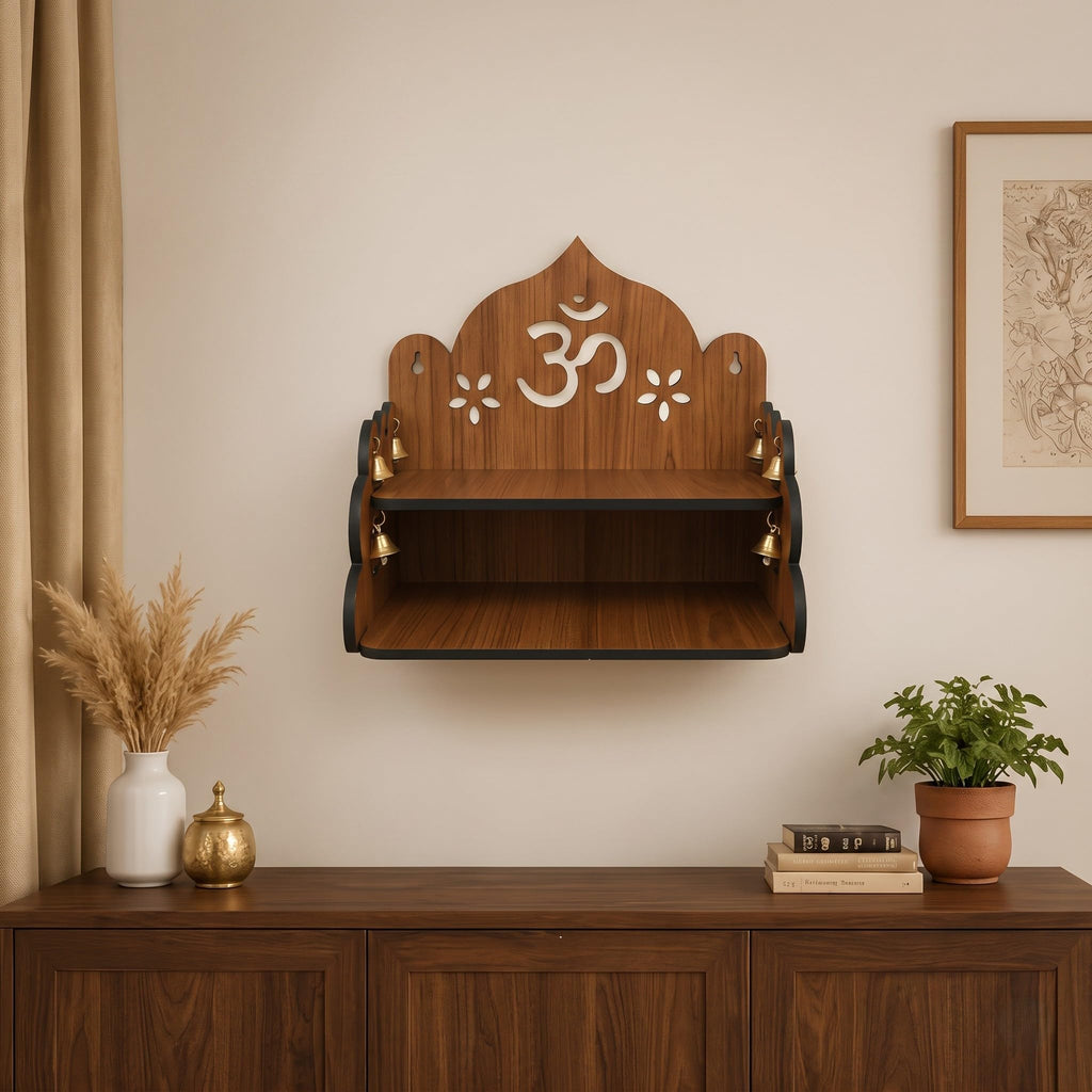 Wooden Wall Hanging Mandir for Home & Office, 2 Step Pooja Temple (Brown)