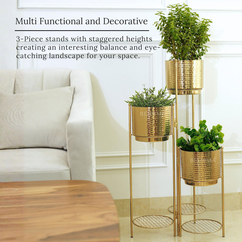 BEHOMA Gold Metal 3-Tier Floor Planters with Stand, Living Room