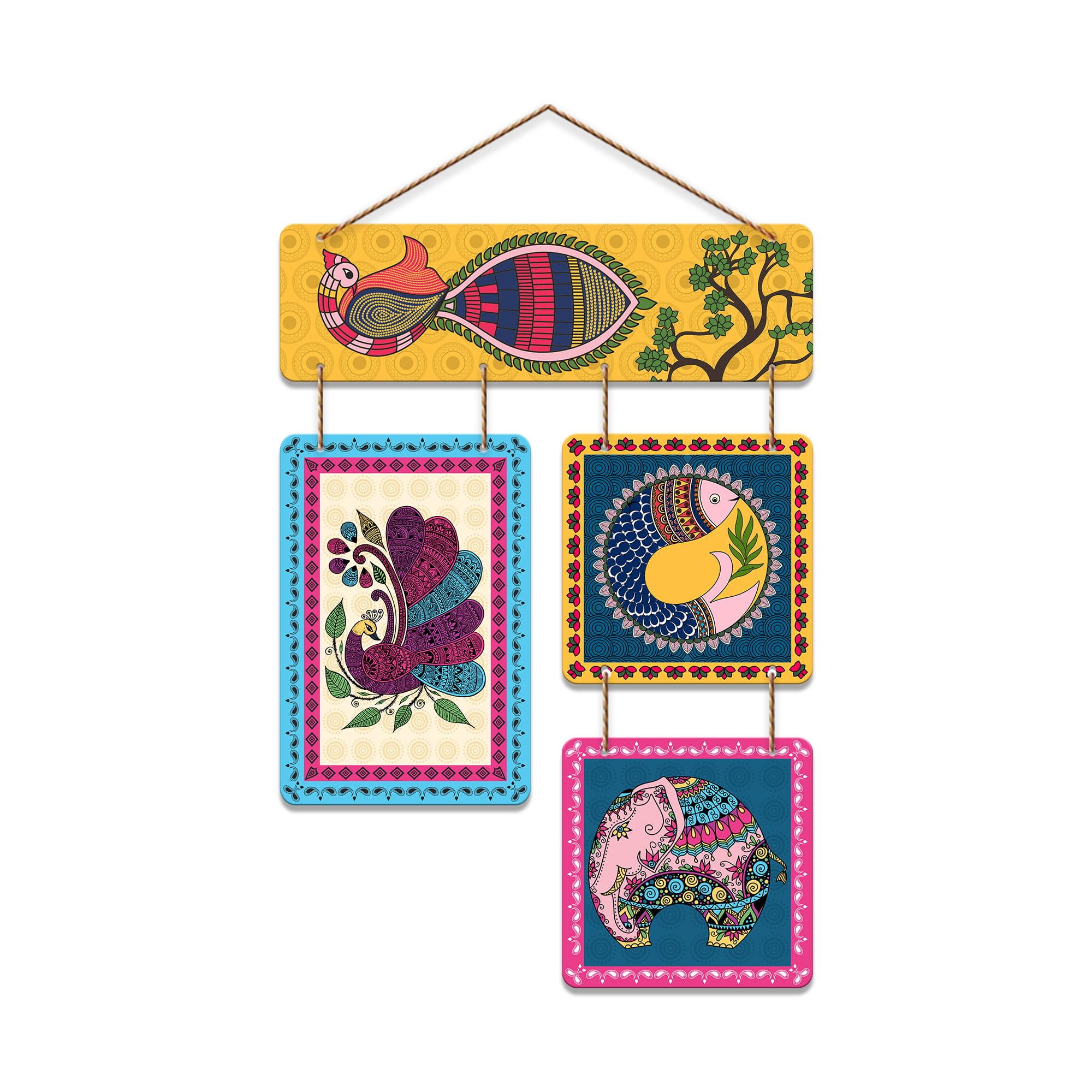 Artvibes Artistic Bird & Elephant Traditional Indian Folk Art Decorative Wall Hanging Ornaments | Printed Wall Decoration | Graphic Artwork | Wall Art Print | Sceneries | Unique Gift Items (WH_6534NN)