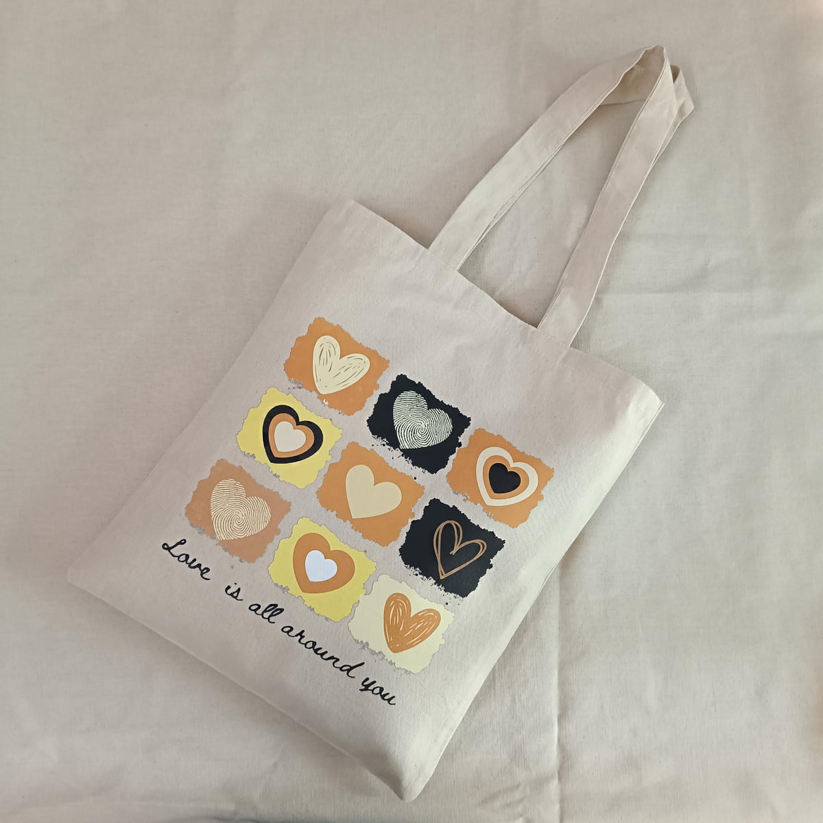Stylxeco Love Hearts Design Cotton Canvas Tote Bag, Natural Colour, 220 GSM, for Shopping, Travel, Office