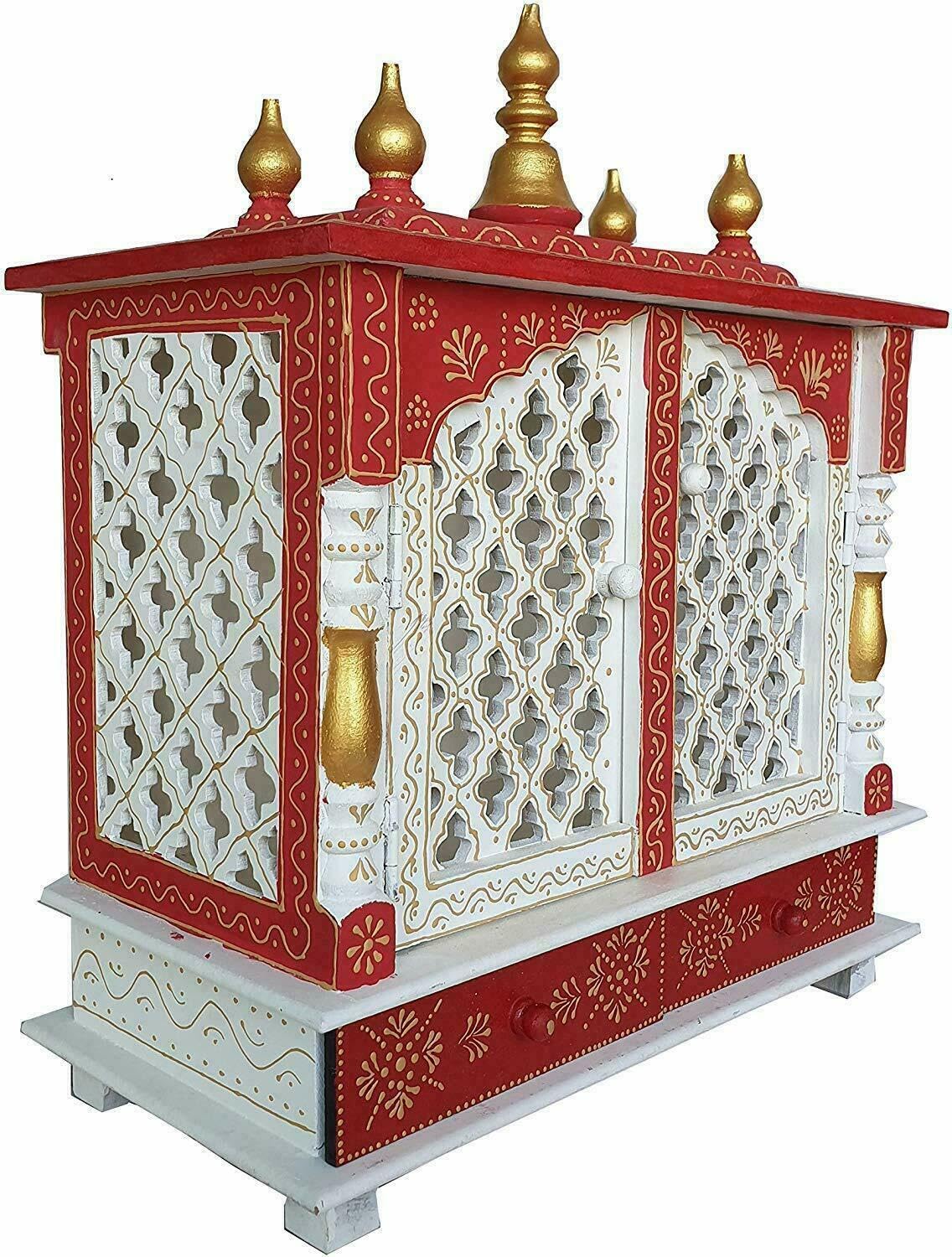 Wood To Cart Beautiful MDF Wooden Jali Temple/Pooja Mandir for Home and Office/Wall Mounted Temple/Puja Stand(White Red - 18x9x22 inches)