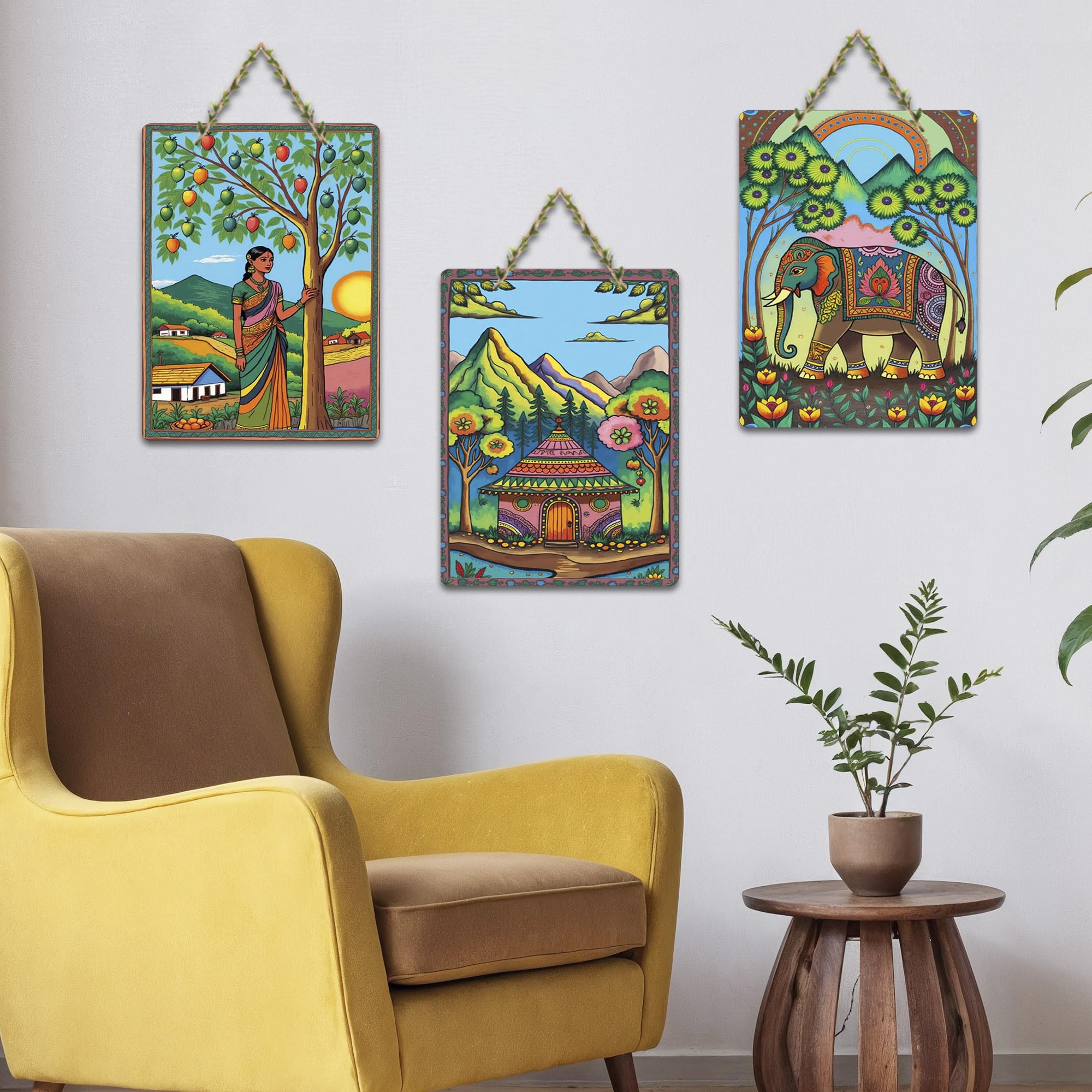 Artvibes Village Life Indian Folk Art Wall Hanging Decoration Item For Home | Living Room | Birthday Gift | Decorative Items For Home Wall | Wooden Wall Hanging Decoration |Door Decor Item (WH_9678N)