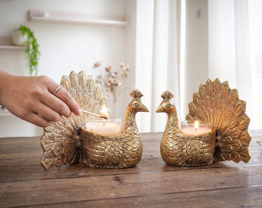 KridayKraft Metal Dancing Peacock Pair Vastu Figurine for Good Luck, Love and Prosperity | Aluminium Votive Candle Holder Showpiece for Diwali, Housewarming and Anniversary Gifting | Set of 2
