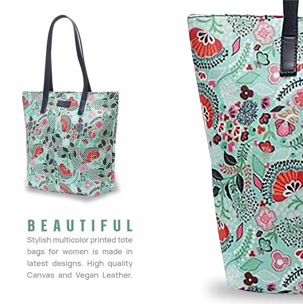 Aquatan Floral Green Vegan Leather PU Tote Bag – Spacious, Sturdy Handbag with Zip Compartment for Office & Travel