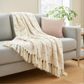 SAJAVAT HOME Hand Crafted Cotton Sofa Throw Blanket | Soft All-Season Throw for Sofa, Couch & Bed | Elegant Knitted Design with Tassels | 80×52 Inches (204×132 cm) | Beige & Pink Kafalo