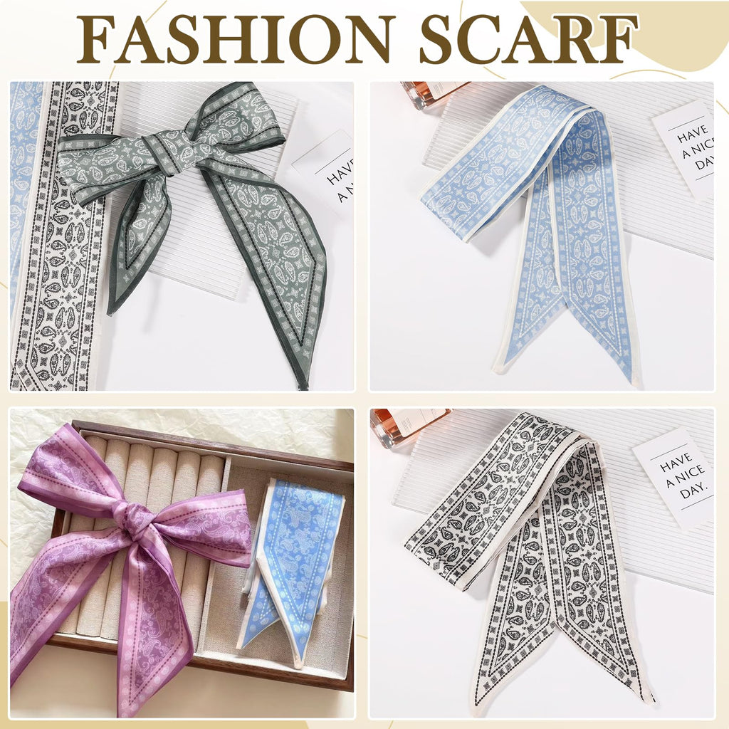 Flavizo 4PCS Silk Satin Scarves for Women, Boho Headband Hair Tie Twilly Bandana Scarf, Small Purse and Tote Bag Scarves, Multifunctional Fashion Hair Accessories