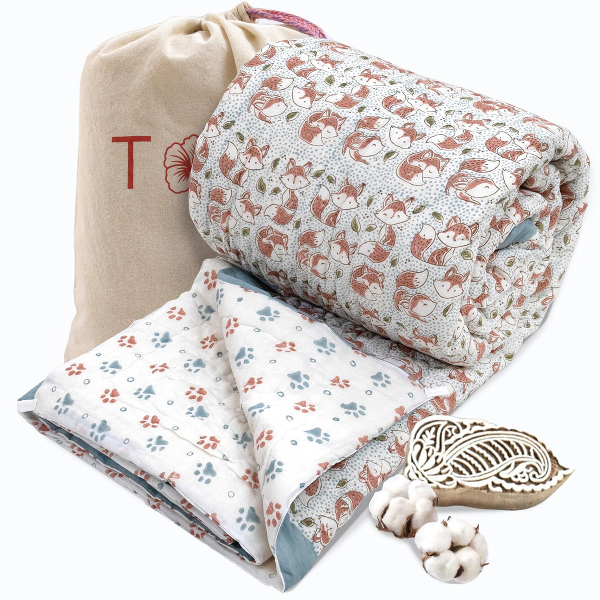 TOAIArt Jaipuri Quilt | Lightweight Comforter/Razai/Rajai | Hand Quilted | Block Printed Reversible 3 Layer| Premium Mulmul Cotton| Cotton Wool Filling| King Size 108” X 90” | Funny Fox Kafalo