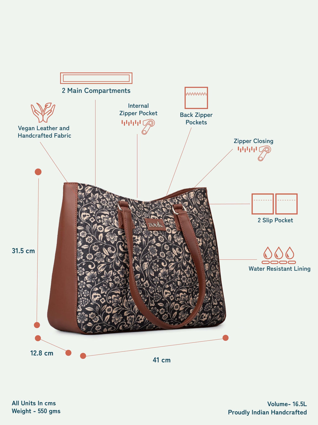 ZOUK FloMotif Getaway Handbag | Jute | Vegan Leather Handcrafted Tote Bag | Black