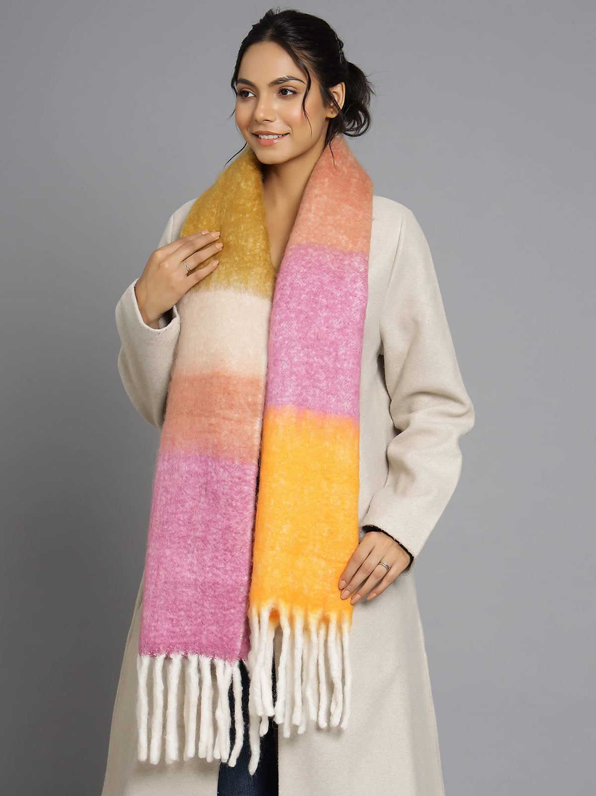 Ravaiyaa - Attitude is everything Women's Cashmere Wool Acrylic Scarf Winter Long Scarves, Neck Wrap 72 X 14 Inch (Yellow & Pink)