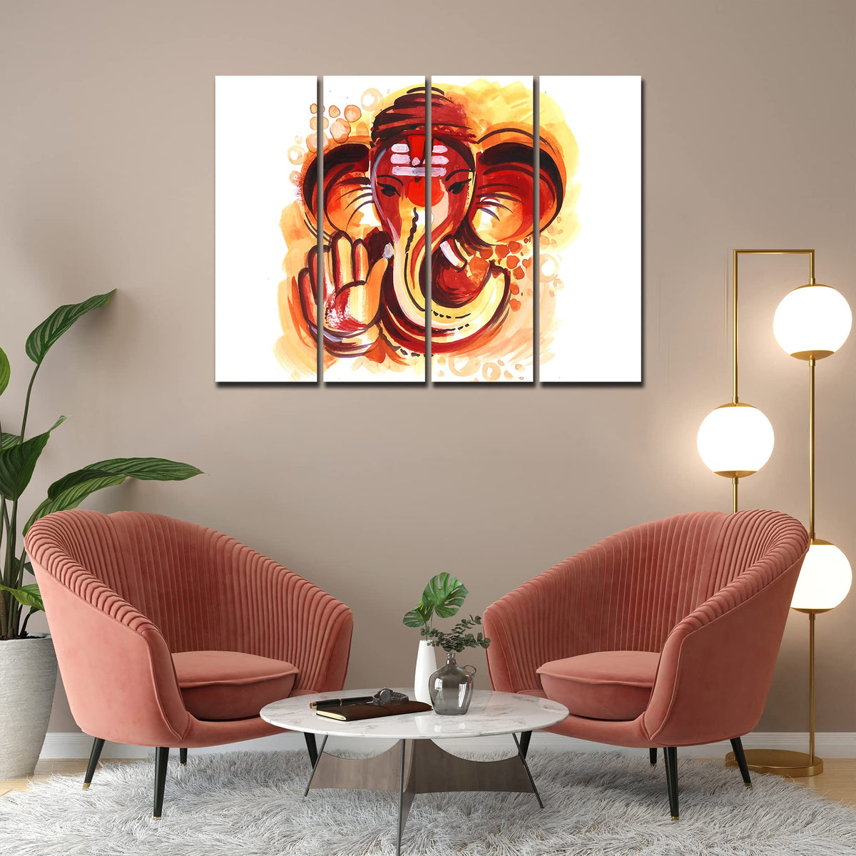 VIBECRAFTS 4 Pieces Deva Shree Ganesha Head Canvas Wall Painting Fitted With Wooden Frame For Home | Office | Living Room | Gift(PTVC4Pcs1_13524)