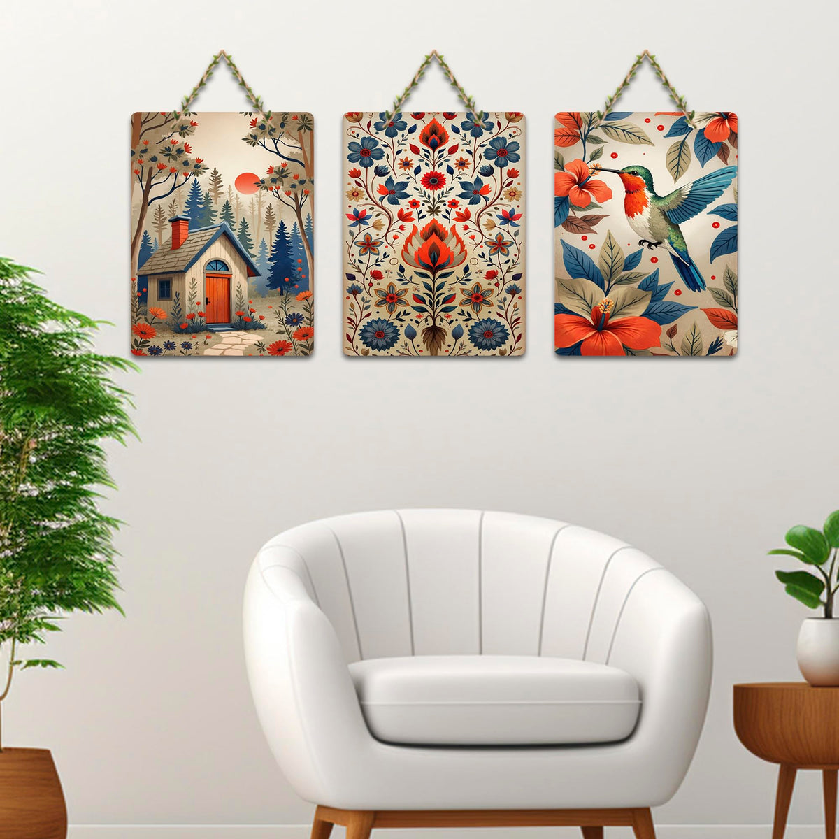 Artvibes Nature & Hummingbird Decoration Wooden Wall Hanger for Home Decor | Living Room | Office | Wall Art Painting For Hall | Graphic Artwork | Wall Poster | Unique Gift (WH_96105N), Set of 3