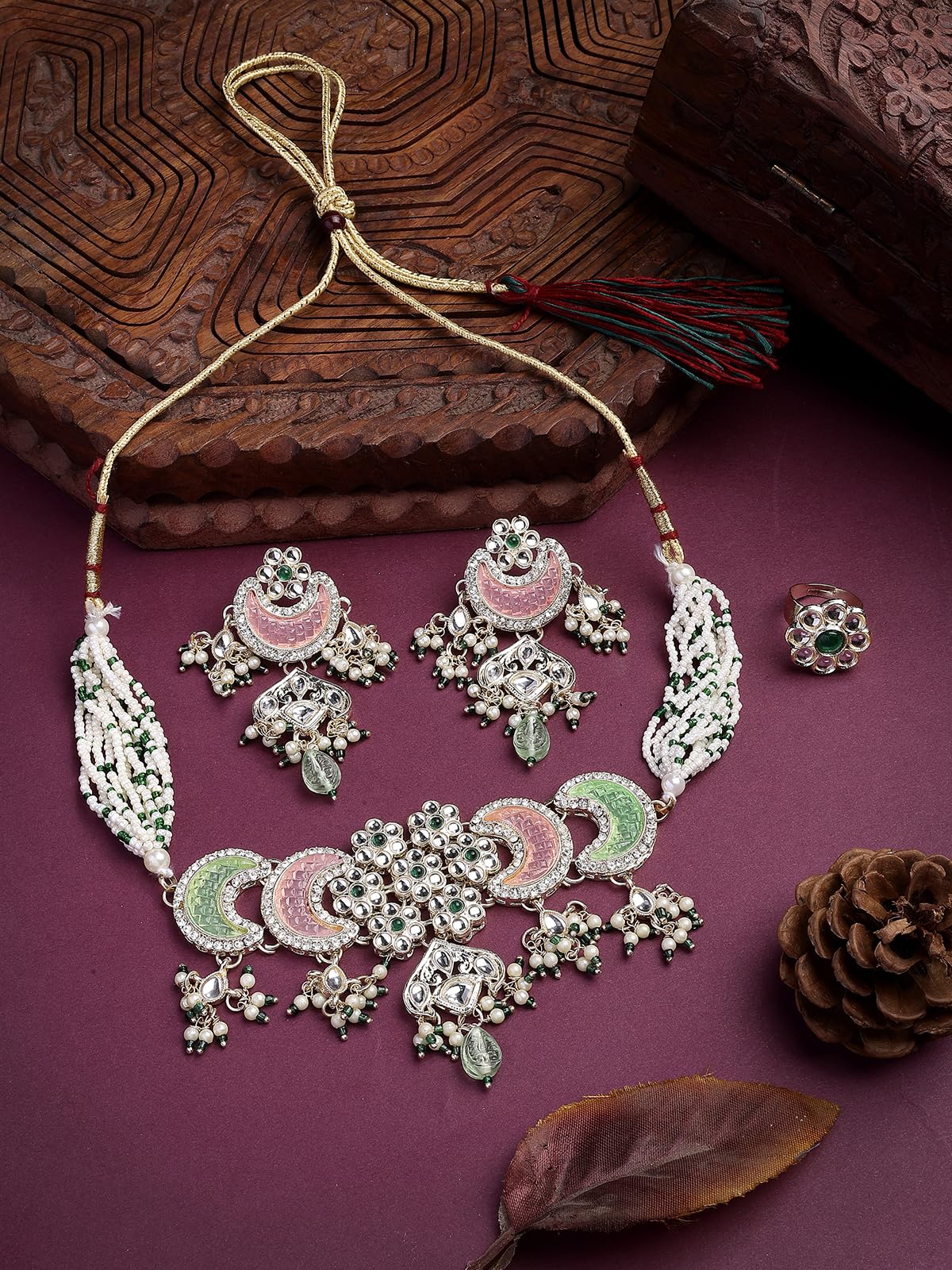 Sukkhi Attractive Pink Green Stones Kundan Studded with Multistrand Beaded Choker Necklace & Drop Earring Jewellery Set for Women & Girls|NS107355