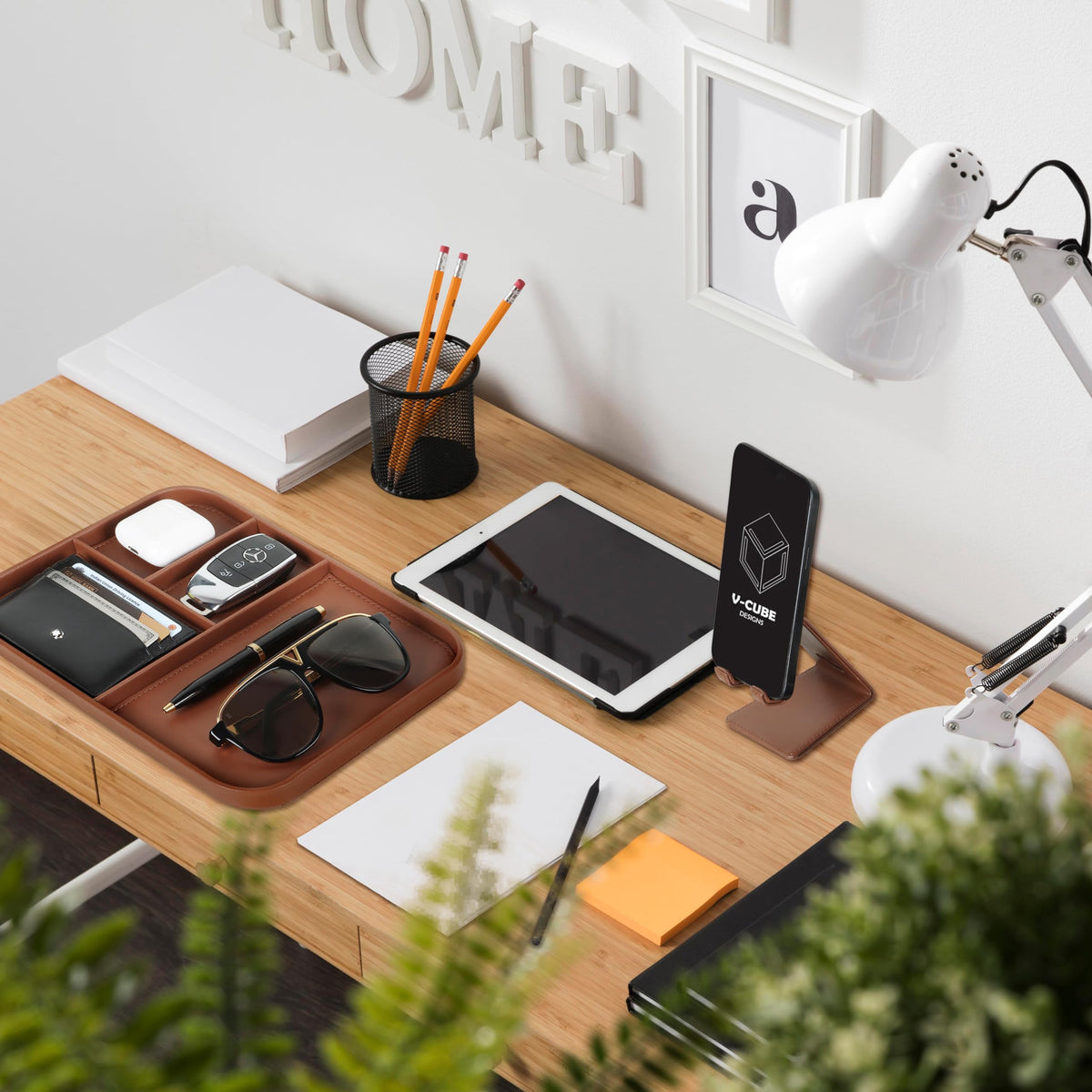V-CUBE DESIGNS Rectangular Premium Vegan Leather Valet Tray|Stylish & Modern Office Desk Tray| Table/Bedside/Entryway Organiser For Everyday Essentials Like Keys, Phone, Watch, Wallet, Jewellery|Tan