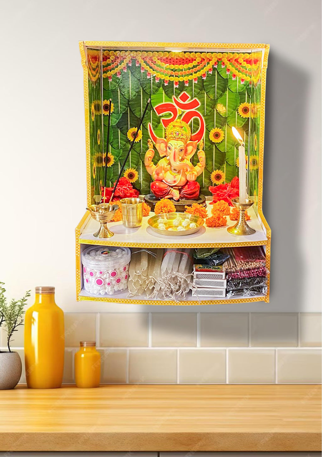 HOMECUTE Wooden Pooja Stand for Home & Office, Wall Mounted Temple with LED Spot Light (Size-30.5X27X40.5 cm)