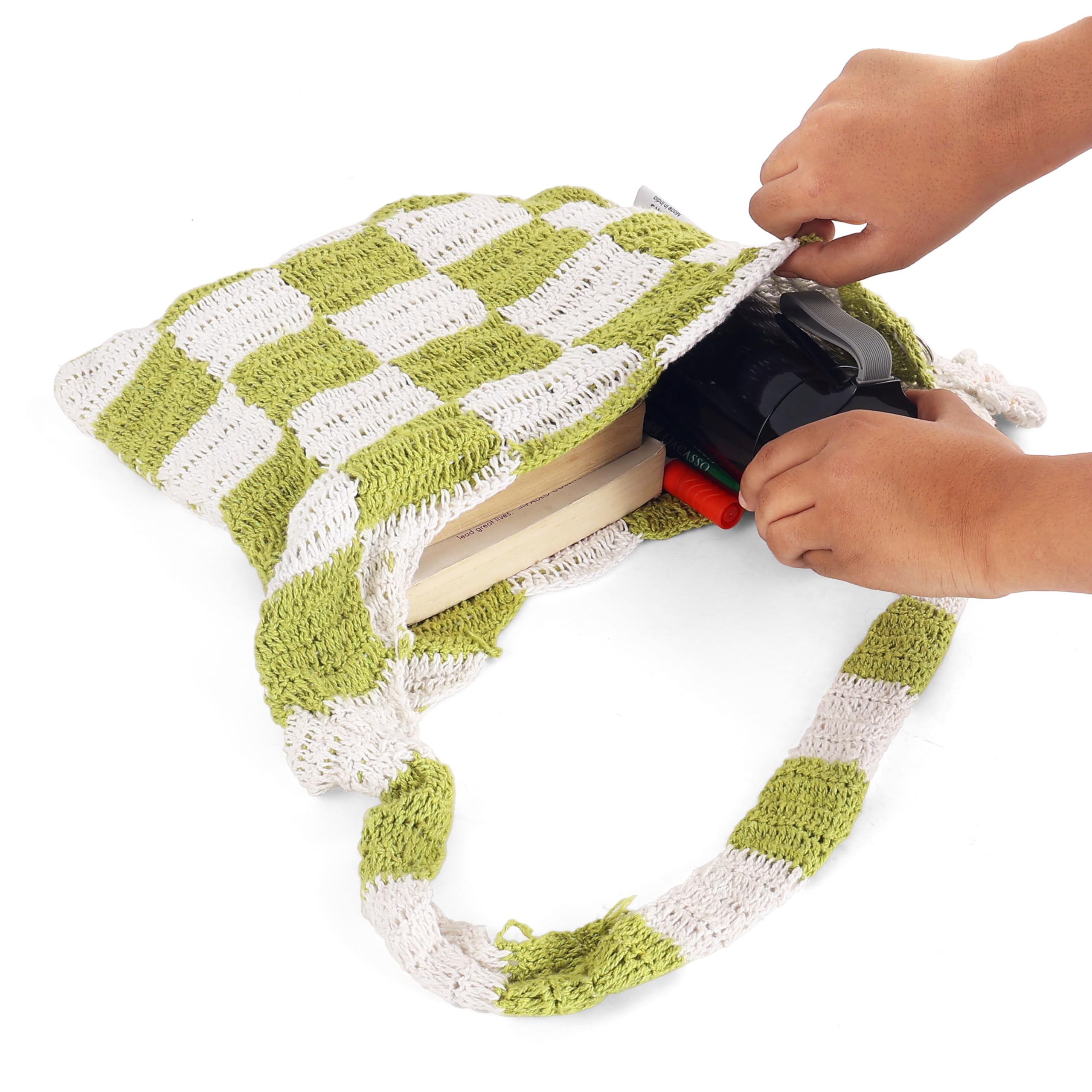 UpTown Folks Handmade Crochet Handbag for Girls & Women – White & Green Checkered Design, Lightweight & Spacious for Beach, Picnic & Everyday Use.