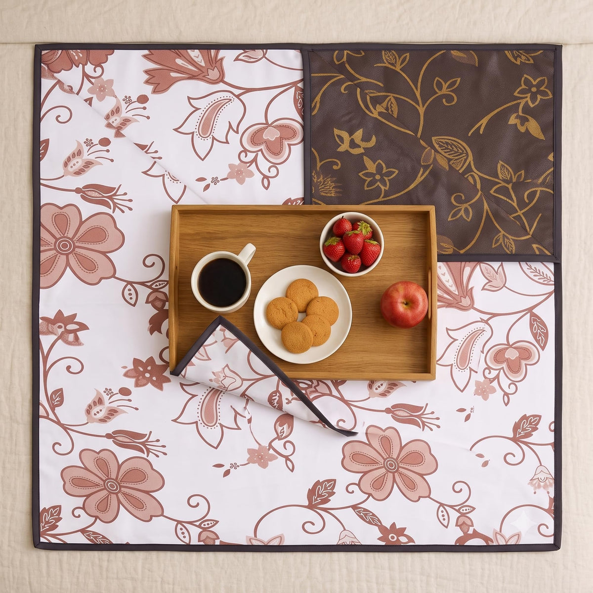 MUSHIES Premium Bed Server Food Mat (Coffee/Ivory Floral, 36x36 Inch) Reversible 3-Layer Bedsheet Protector & Food Mat for Eating on Bed | Heavy-Duty Bed Server Food Mat for Kids, Adults & Patients Kafalo