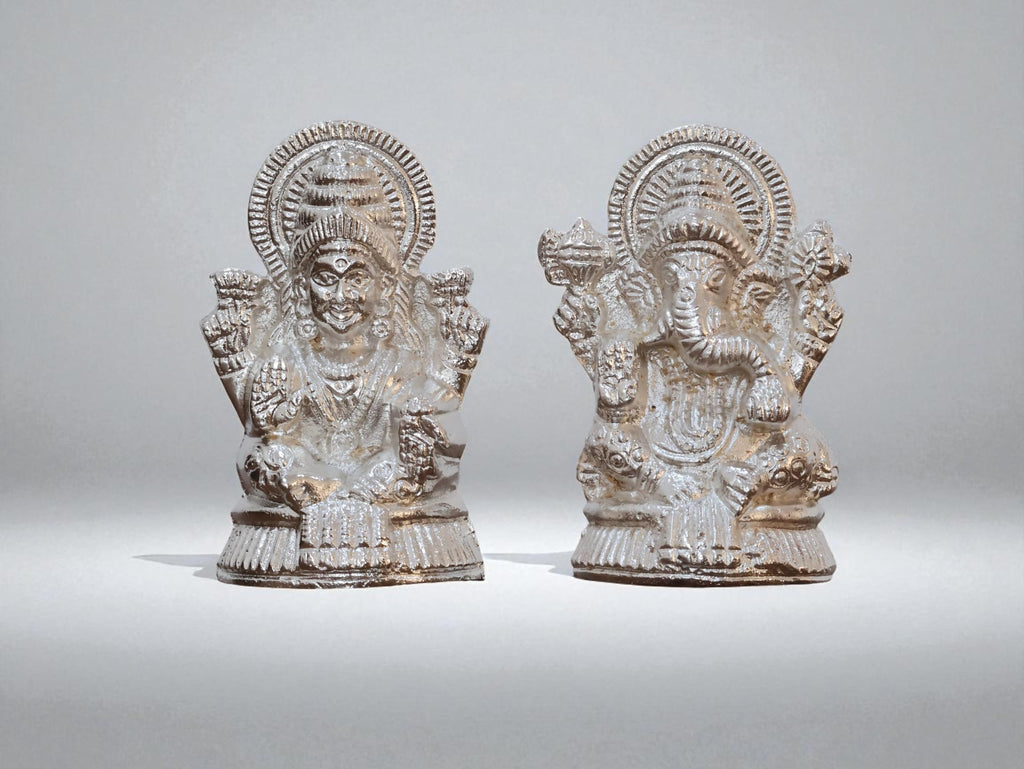 KridayKraft Metal Lakshmi & Ganesha Idol Pair – Silver-Finish Mini Statues (7.5 cm × 4 cm Each), 160 g – Auspicious Home Puja Decor & Diwali Gift