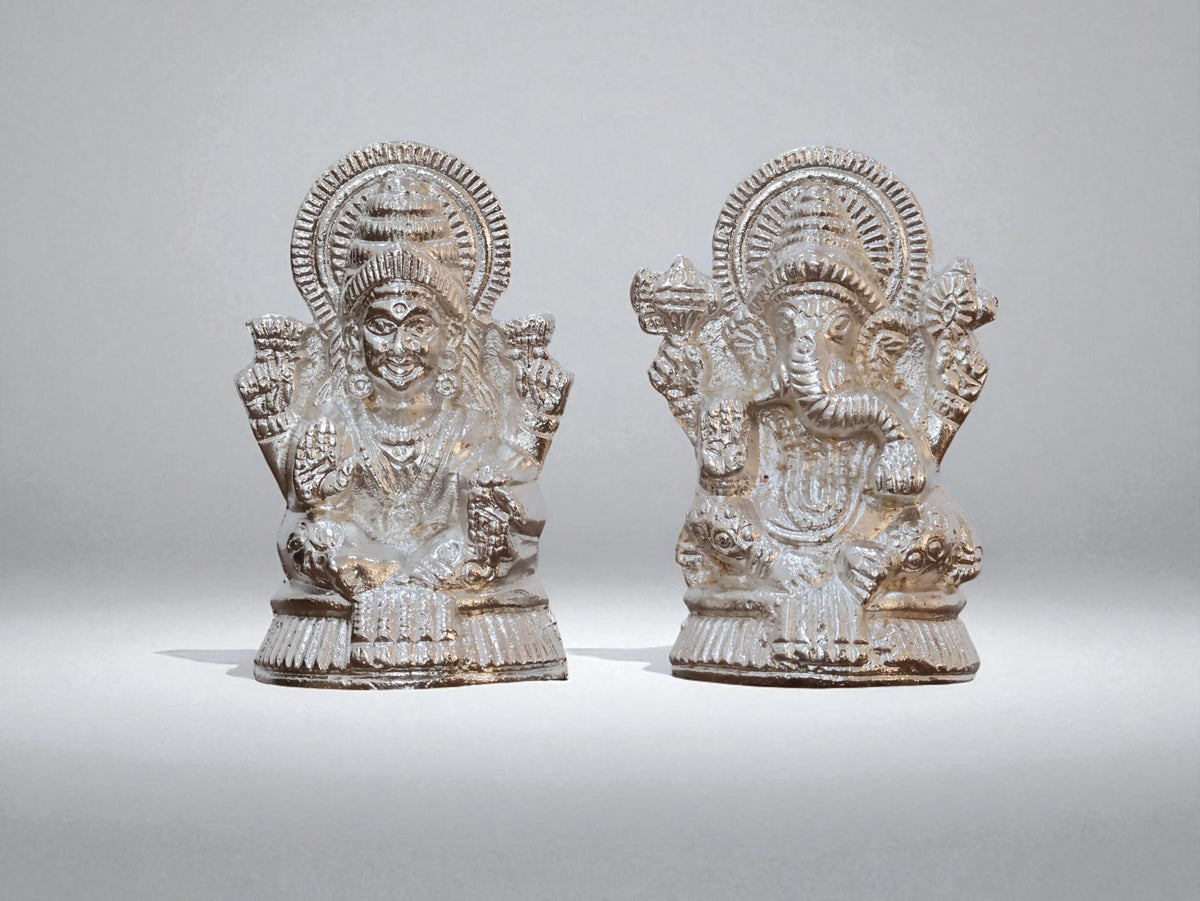 KridayKraft Metal Lakshmi & Ganesha Idol Pair – Silver-Finish Mini Statues (7.5 cm × 4 cm Each), 160 g – Auspicious Home Puja Decor & Diwali Gift